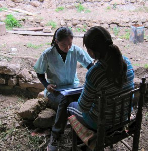 A fieldworker in Canta, Peru administers tablet-based games to a 12-year-old girl, taking a measure of her brain function.